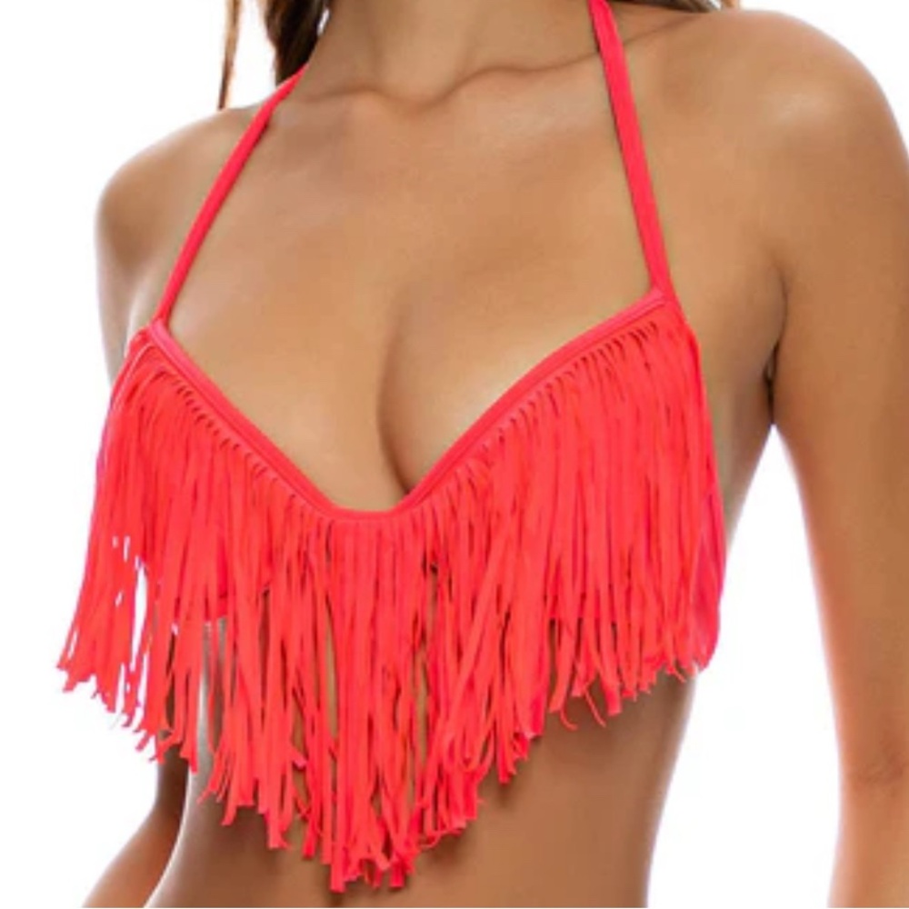 Luli Fama Plunge Push Up Fringe Bikini Top - Bombshell Red